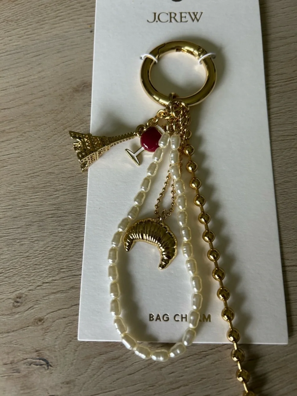✨ J.Crew Gold Paris-Themed Bag Charm | Eiffel Tower, Pearls, Wine Glass ✨